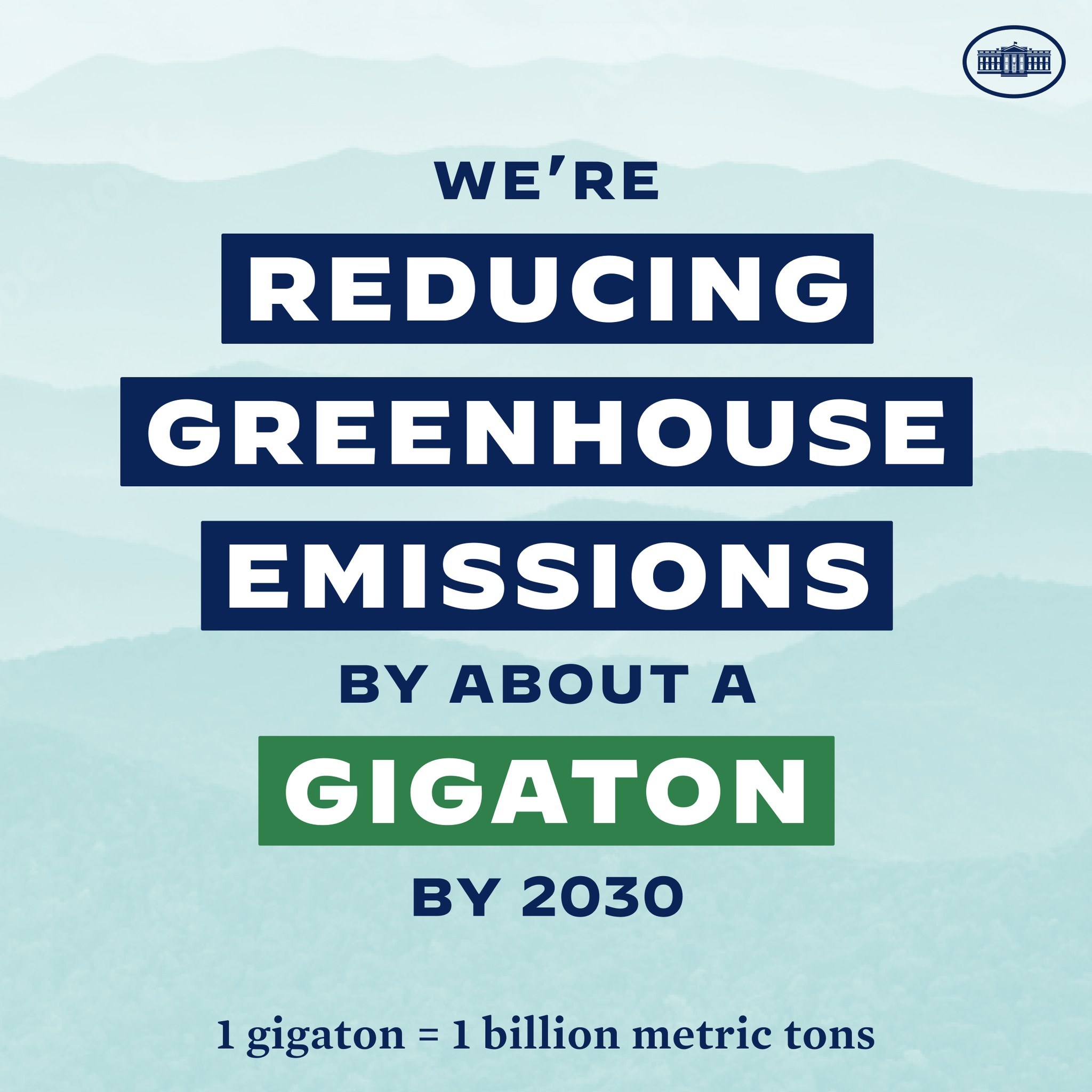 Ein Plakat mit Text und Logo, auf dem steht: "Wir reduzieren die Treibhausgasemissionen bis 2030 um etwa eine Gigatonne."