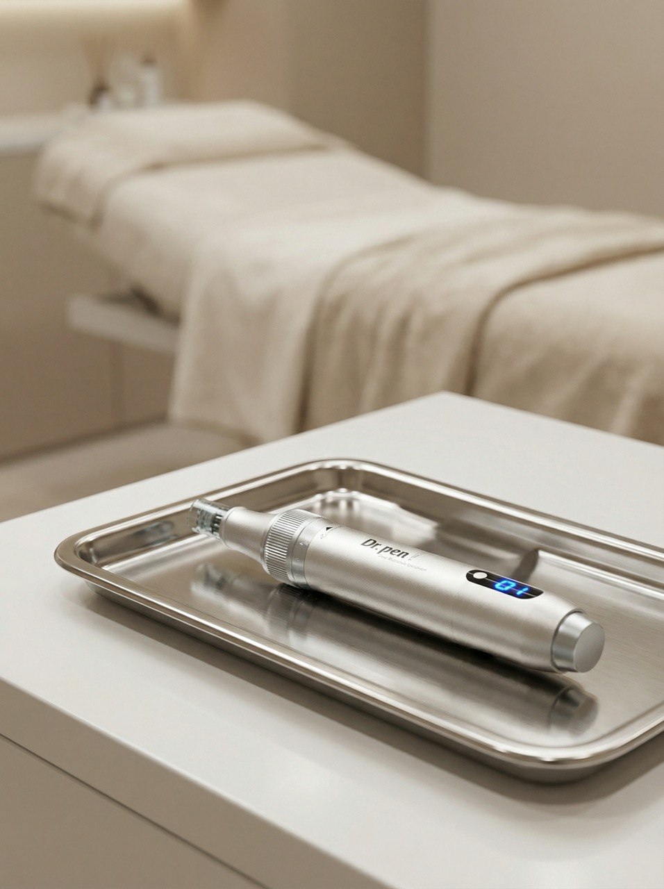 Ein Microneedling-Gerät liegt auf einem sterilen Tablett in einem modernen Kosmetikstudio bereit.