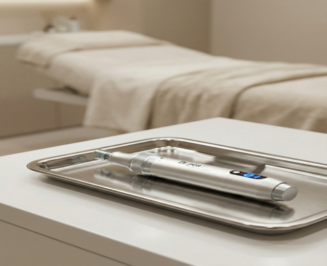 Ein Microneedling-Gerät liegt auf einem sterilen Tablett in einem modernen Kosmetikstudio bereit.