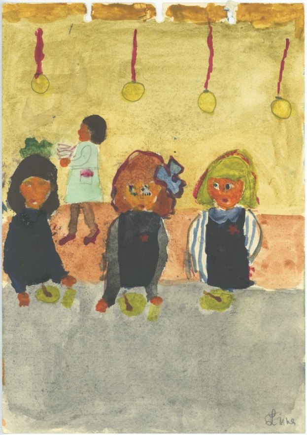 Gemälde von drei Kindern in festlicher Kleidung, die auf einer Bank sitzen und lächeln, vor einer Wand mit Weihnachsschmuck, bunten Orchideen und Weihnachtsdekorationen.