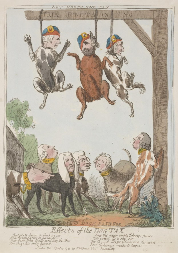 Eine Zeichnung auf Papier zeigt Menschen und Tiere, darunter einen Hund, der an einem hölzernen Pfahl hängt, mit begleitendem Text, der wahrscheinlich auf eine Hundesteuer Bezug nimmt.