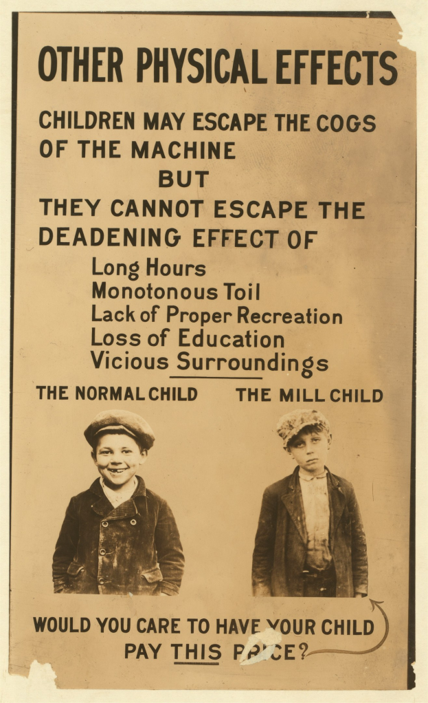 Zwei Jungen mit entschlossener Miene stehen Seite an Seite auf einem Plakat mit dem Text "Andere körperliche Auswirkungen, die Kinder den Maschinen entkommen können".