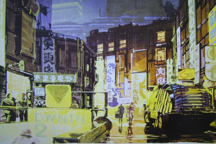 Ein bearbeitetes Bild mit Menschen, Fahrzeugen, Gebäuden, Plakaten, Text, Straßen, Fenstern, Schildern, einer U-Bahn und Lichtern.