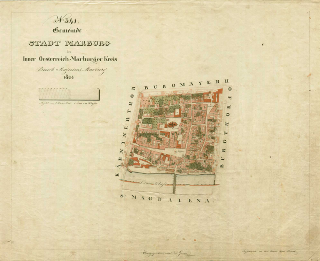 Ein detaillierter alter Stadtplan von Marburg, der Straßen, Gebäude, Landmarken und Text mit Informationen über die Bevölkerung, Landmarken und Straßen zeigt.