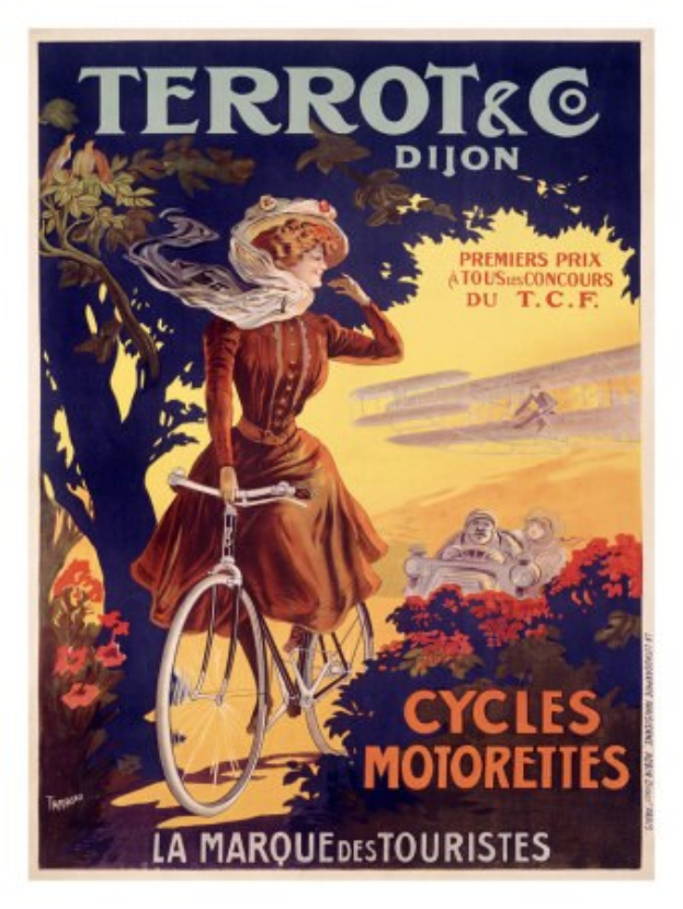 Ein Plakat, das eine Fahrradtour in Frankreich bewirbt, zeigt eine Frau, die ein Fahrrad fährt, umgeben von Bäumen, Blumen und anderen Menschen, mit Text, der die Tour beschreibt.