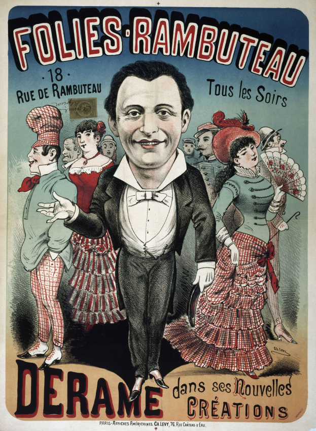 Ein Plakat für eine Show namens Folies-Rambuteau, das einen Mann im Smoking und eine Frau in einem Kleid zeigt, mit Text, der die Show und ihre Charaktere beschreibt.