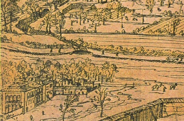 Ein detailliertes Stadtbild mit einer gewundenen Flusslandschaft, umgeben von üppigen grünen Bäumen und hohen Gebäuden, das eine friedliche Atmosphäre vermittelt.