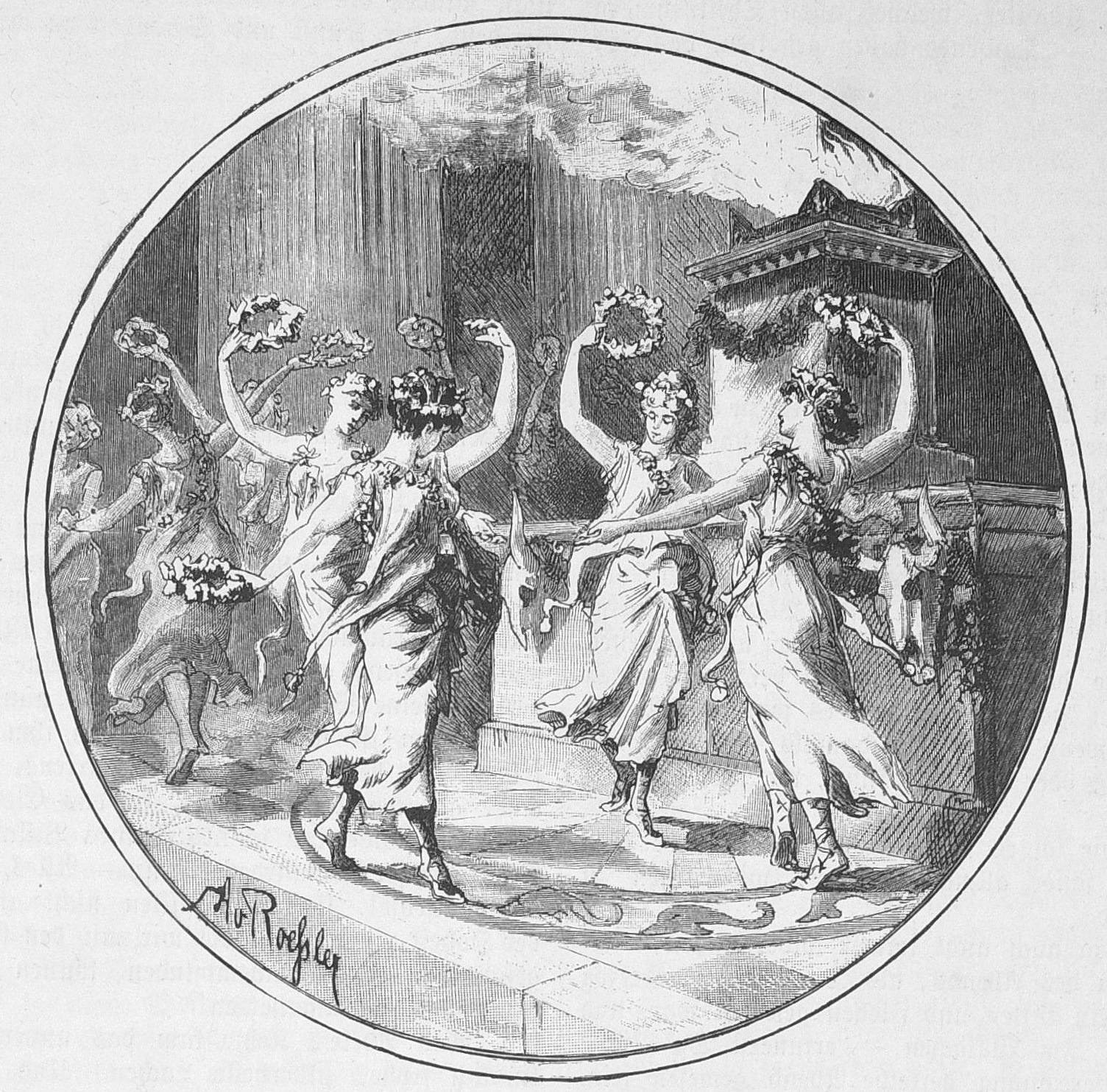 Schwarze und weiße Zeichnung von Frauen in bunten Kleidern, die mit erhobenen Armen vor einem hohen Gebäude mit einem großen Tor tanzen.