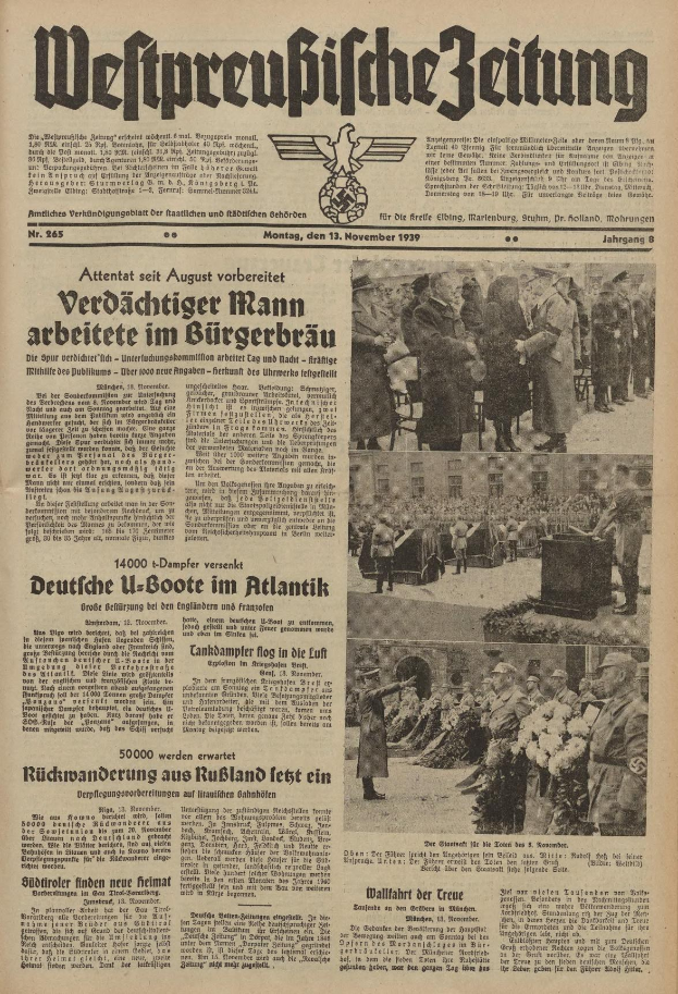 Titelblatt der deutschen Zeitung 'Weitpreubliche Zeitung' vom 13. November 1939, das eine Gruppe von Menschen in traditioneller deutscher Kleidung zeigt.