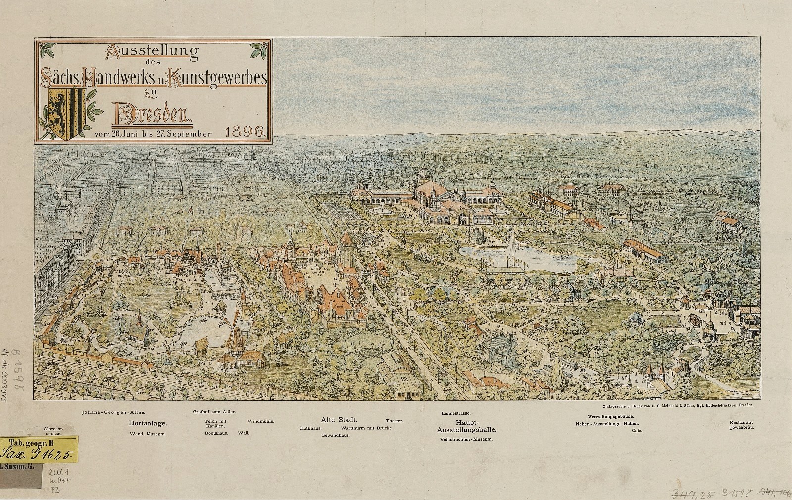 Alte Karte von Dresden, Deutschland, die Gebäude, Bäume und Text auf altem Papier mit einem Himmelhintergrund zeigt.