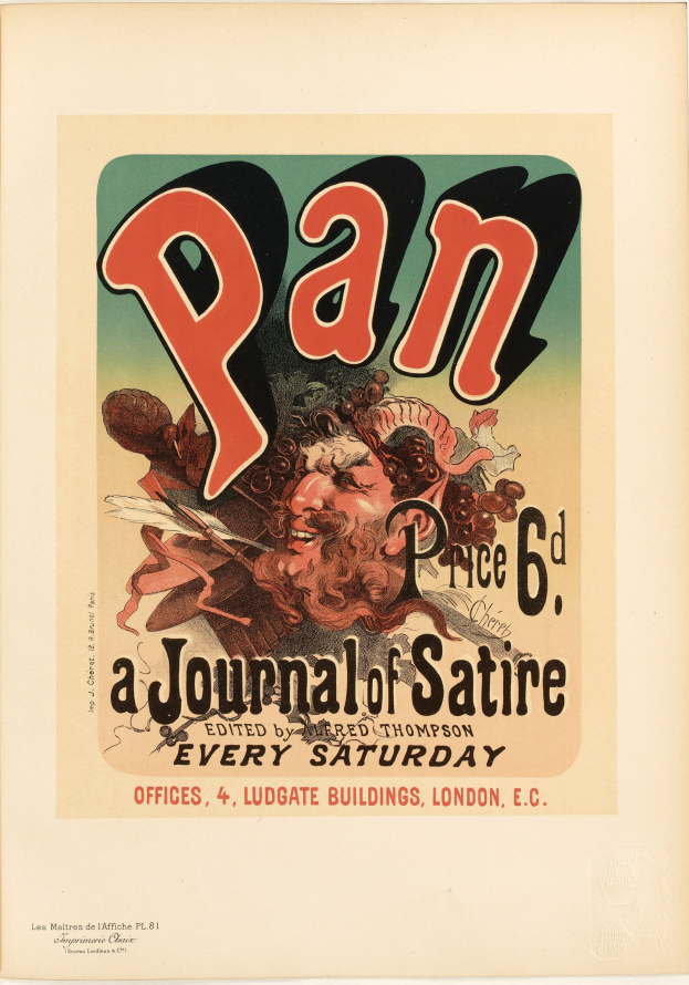 Plakat für "Pan: Ein Journal der Satire" mit einer Person in einem weißen Hemd mit kurzen dunklen Haaren und einem ernsten Gesichtsausdruck vor einem weißen Hintergrund, mit fetter schwarzer zentrierter Schrift.