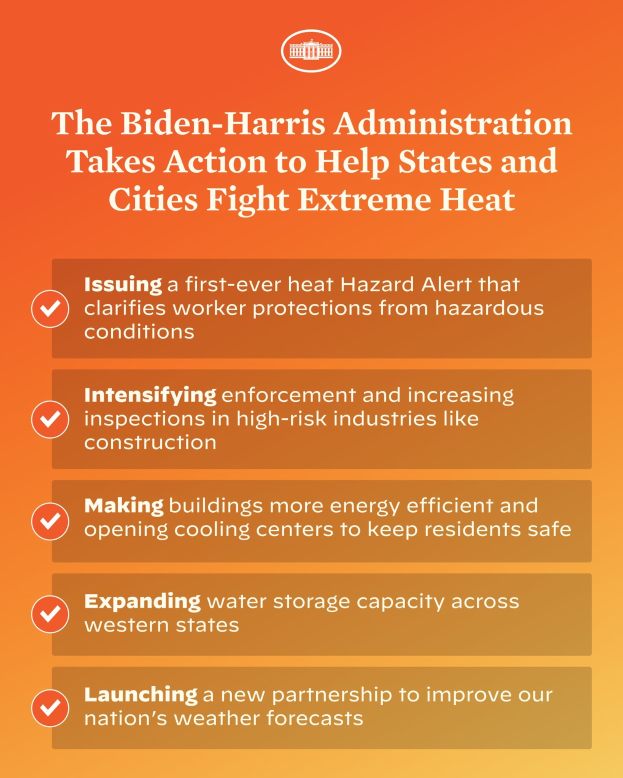 Plakat mit der Überschrift "Die Biden-Harris-Verwaltung setzt sich für den Kampf gegen extreme Hitze in Bundesstaaten und Städten ein" mit einem roten und weißen Schild-Design und einem Blitzsymbol, eingerahmt von einem gelben Rand.