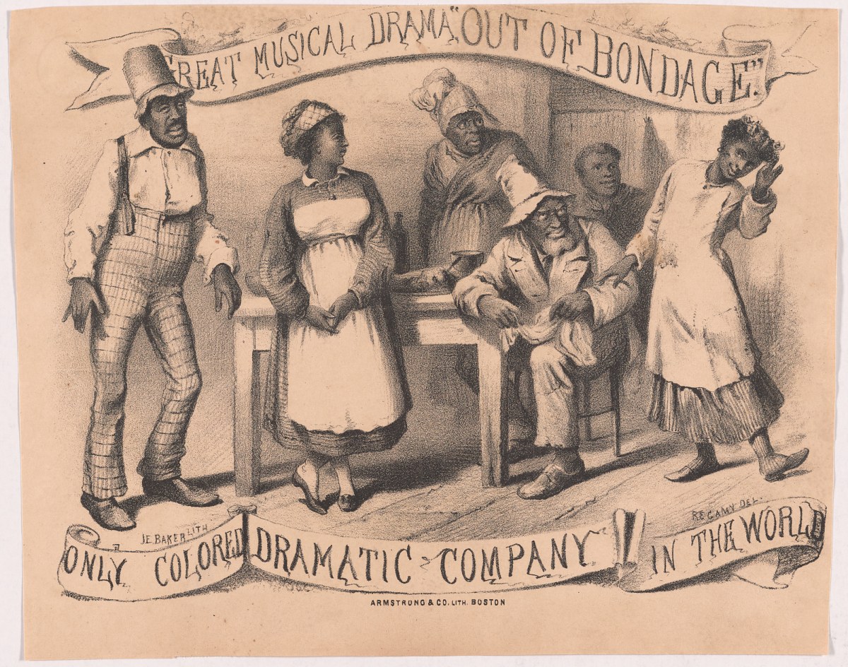 Plakat mit einer Zeichnung einer Gruppe von Menschen, die um einen Tisch versammelt sind, mit einer Person in der Mitte und dem Text "Großes musikalisches Drama aus der Knechtschaft" unten.