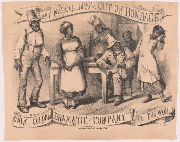 Plakat mit einer Zeichnung einer Gruppe von Menschen, die um einen Tisch versammelt sind, mit einer Person in der Mitte und dem Text "Großes musikalisches Drama aus der Knechtschaft" unten.