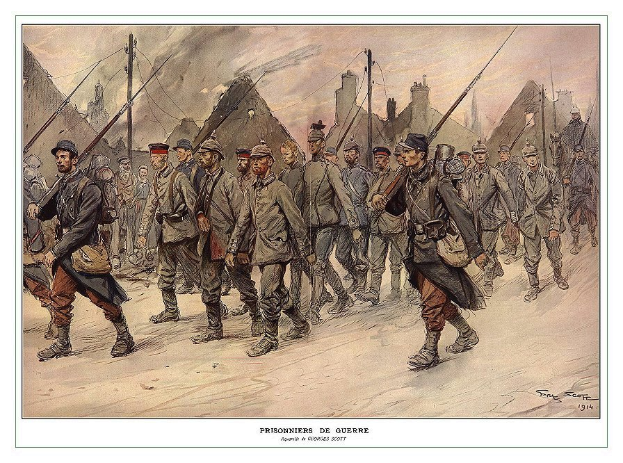 Ein Bild einer Gruppe von Männern, die eine Straße entlanggehen, einige mit Waffen, sowie Pfosten und Gebäude im Hintergrund und der Text "Prisoniers de Guerre" unten.