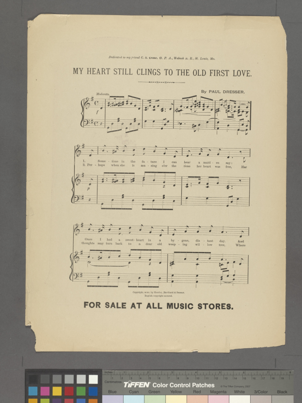 Ein Blatt mit dem Text "Mein Herz hängt noch an der alten ersten Liebe" und musikalischen Symbolen, mit Farboptionen unten.