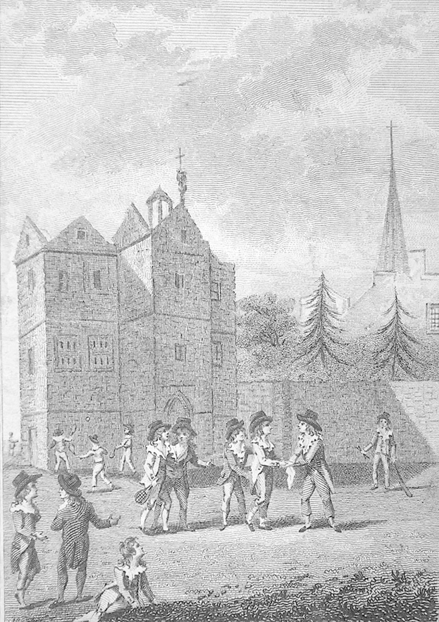 Eine schwarz-weiße 18. Jahrhundert-Radierung von Kindern, die Cricket vor einem Schloss spielen, umgeben von Bäumen unter einem bewölkten Himmel.