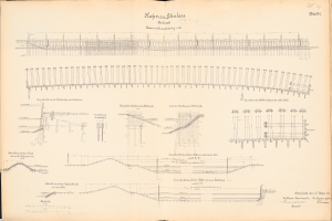 Ein aufgeschlagenes Buch mit einer detaillierten Zeichnung einer Eisenbahnschiene, umgeben von Text und anderen Illustrationen, das einen Überblick über das Eisenbahnsystem bietet.