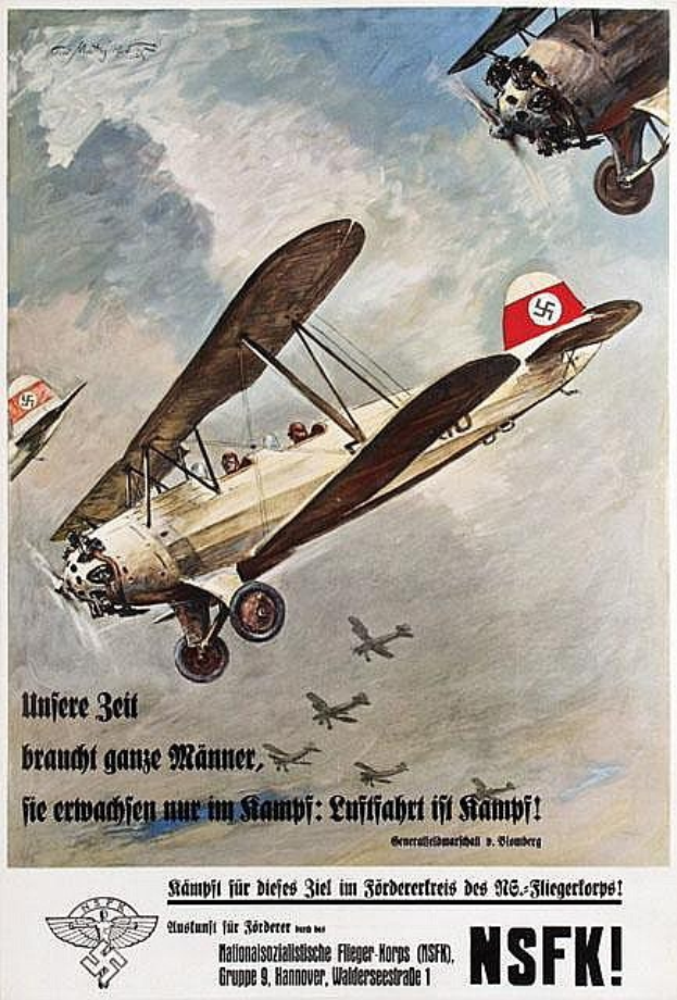 Deutsches Weltkriegs-Propagandaplakat mit einer Formation von Kampfflugzeugen im Flug mit Text zur Darstellung ihrer Fähigkeiten.