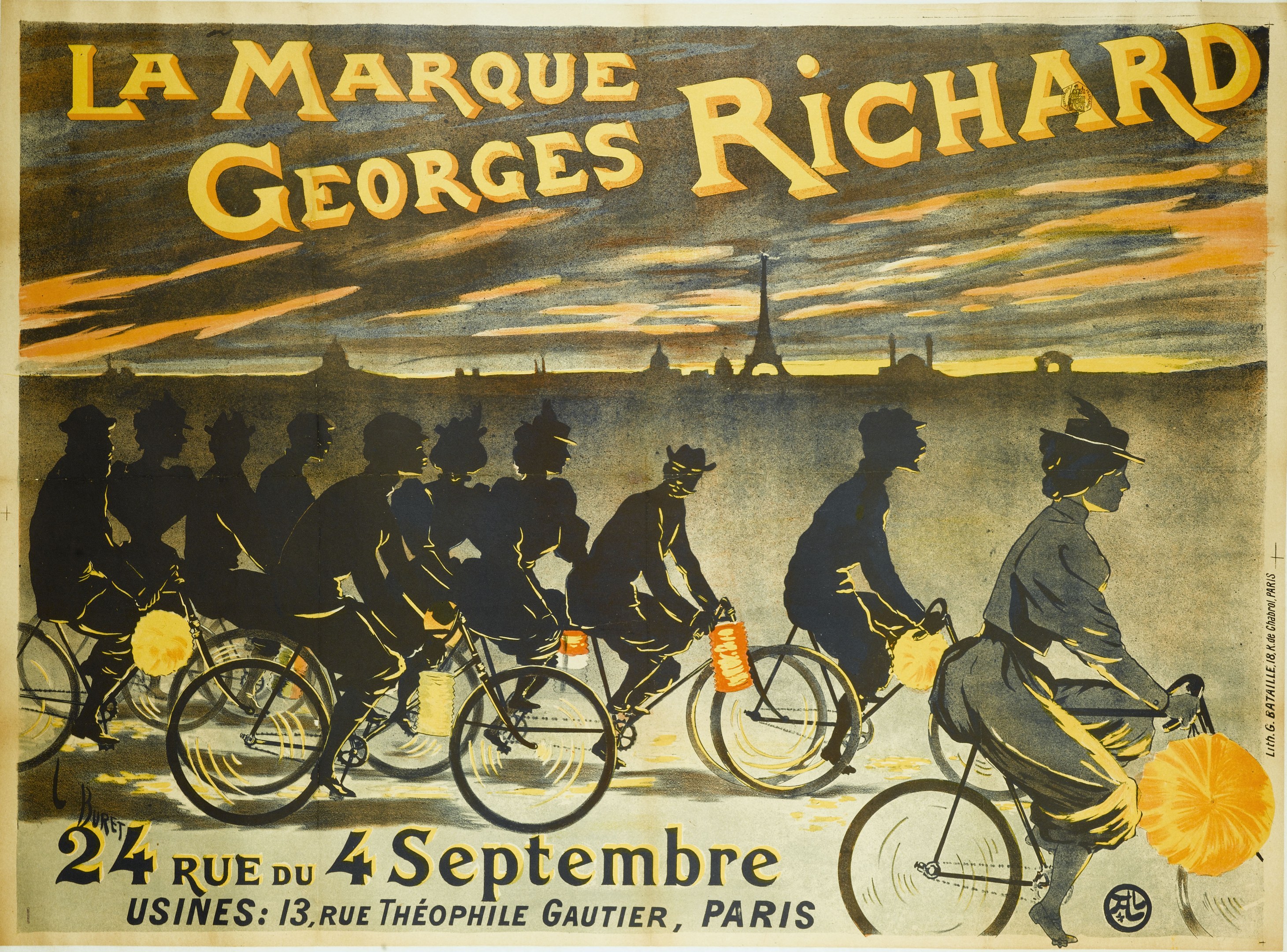 Ein Plakat, das ein Fahrradrennen in Paris, Frankreich, ankündigt, mit Radfahrern vor dem Eiffelturm und Text, der das Ereignis beschreibt.