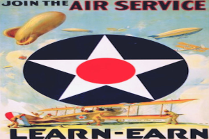 Ein Plakat mit der Aufschrift 'Tritt der Air Service bei - Lerne-Verdiener' oben, mit mehreren Flugzeugen und Menschen im Hintergrund.