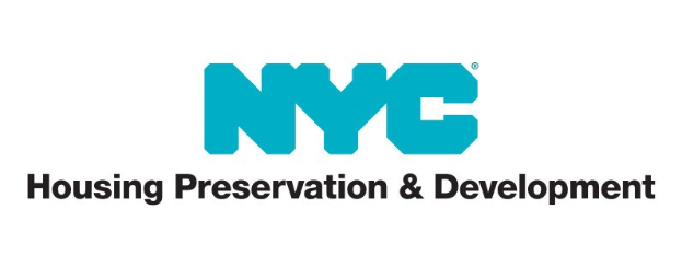 Weißer Hintergrund mit zentralem schwarzem Text "NYC Housing Preservation & Development" in einer modernen, professionellen Schriftart, umgeben von einem dünnen schwarzen Rand.