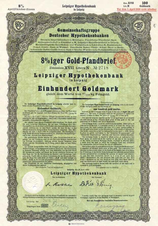 Ein grünes Wertpapier der Leipziger Hypothekbank mit gedrucktem Text und einem Stempel.