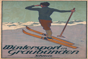 Eine Person auf Skiern mit einem Stock in der Hand, mit schneebedeckten Bergen im Hintergrund auf einem Plakat, das einen Wintersport in Graubünden, Schweiz, bewirbt, mit Text, der Informationen über den Sport enthält.
