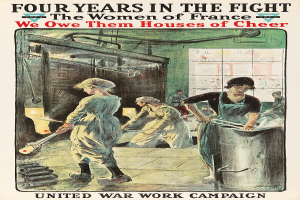 Ein Plakat mit vier entschlossenen Frauen in einer Reihe und dem Text "Wir schulden ihnen Häuser der Freude" oben, das die Stärke und Resilienz der französischen Frauen symbolisiert.