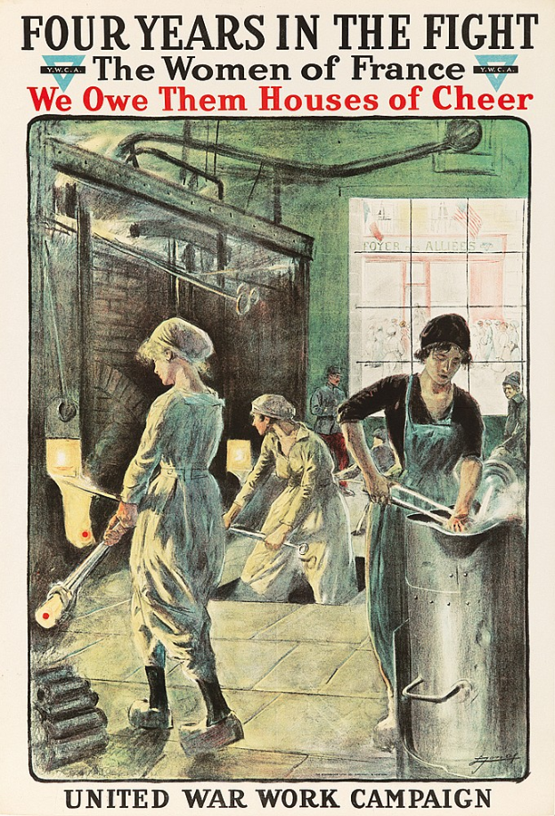 Ein Plakat mit vier entschlossenen Frauen in einer Reihe und dem Text "Wir schulden ihnen Häuser der Freude" oben, das die Stärke und Resilienz der französischen Frauen symbolisiert.