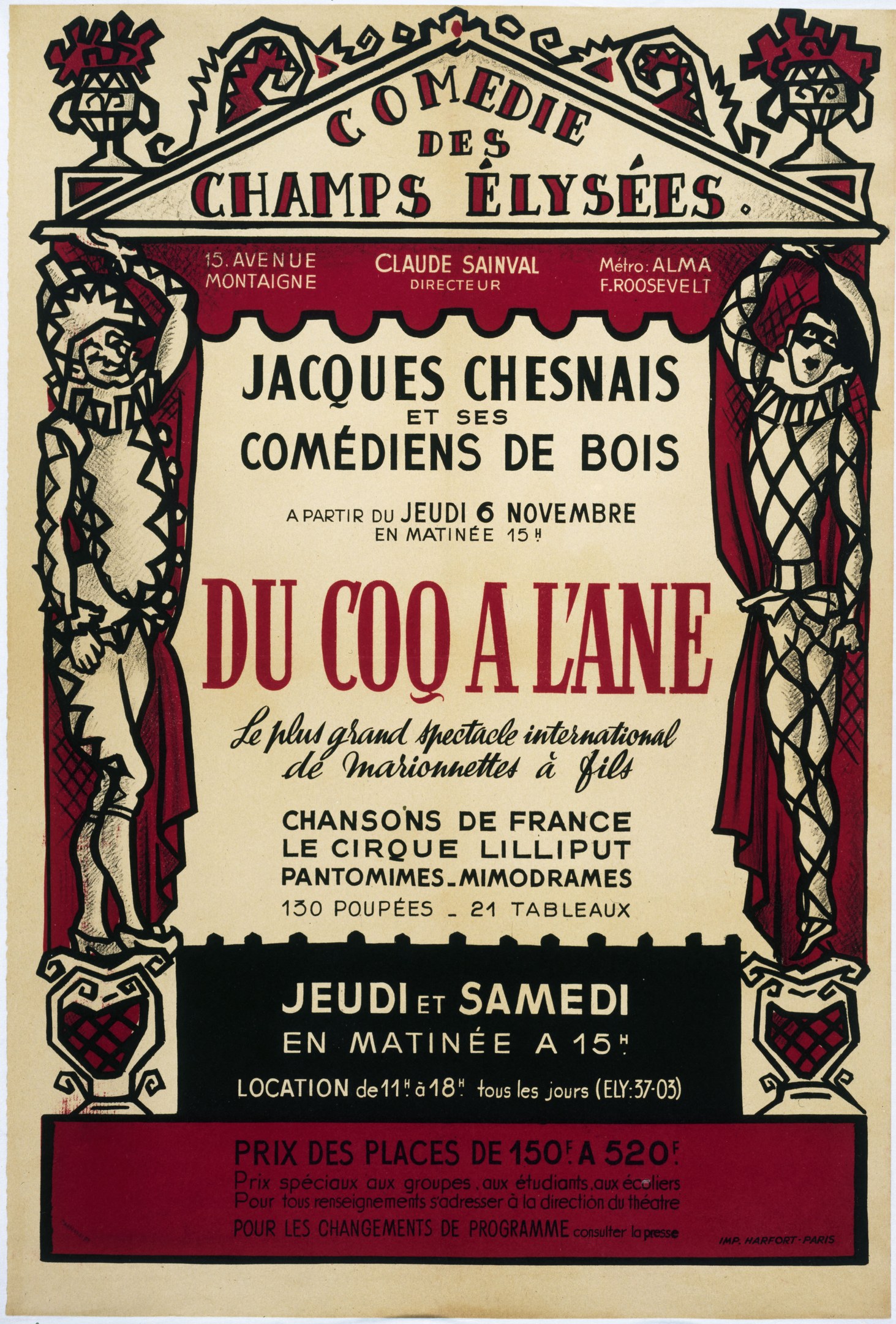 Plakatankündigung für eine Comedy-Show auf den Champs-Élysées in Paris mit Text und Bildern.