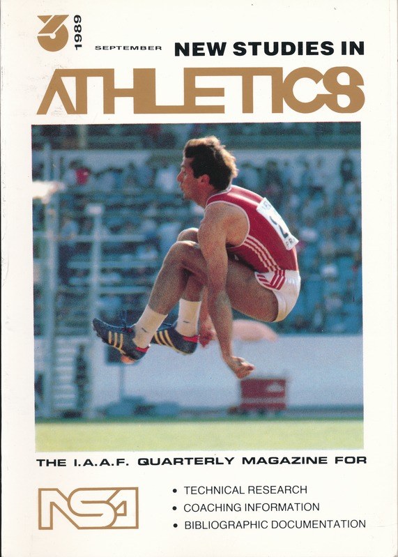 Titelbild eines Buches mit dem Titel 'Neue Studien zur Leichtathletik September 1989', das eine Illustration eines Mannes zeigt, der in der Luft springt.