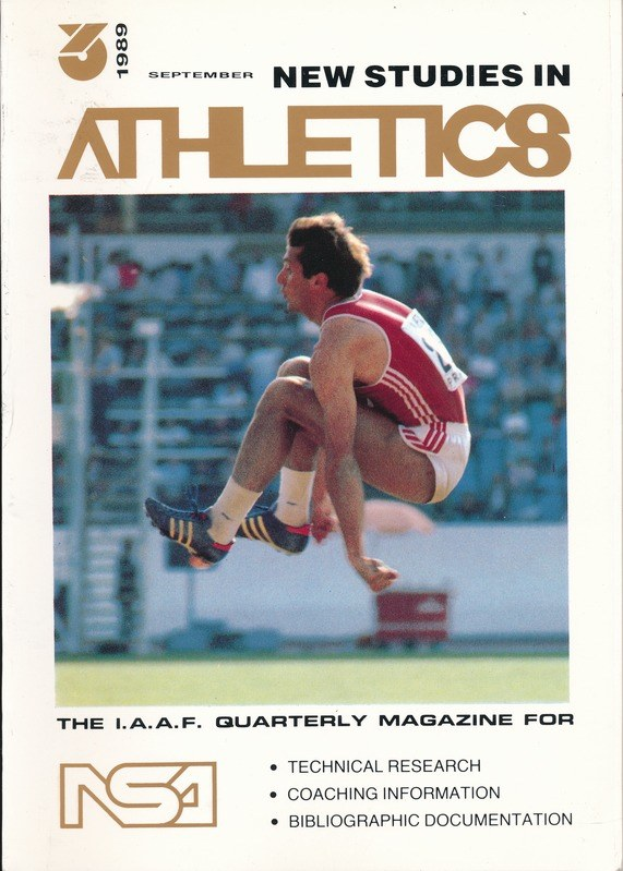 Titelbild eines Buches mit dem Titel 'Neue Studien zur Leichtathletik September 1989', das eine Illustration eines Mannes zeigt, der in der Luft springt.