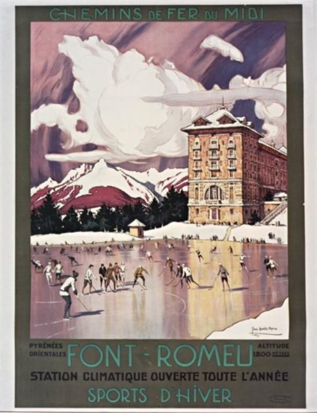 Plakat, das einen Skiresort in den französischen Alpen mit Menschen, die vor einem Gebäude auf dem Eis Schlittschuhlaufen, umgeben von Bäumen und Bergen, und Text zeigt.