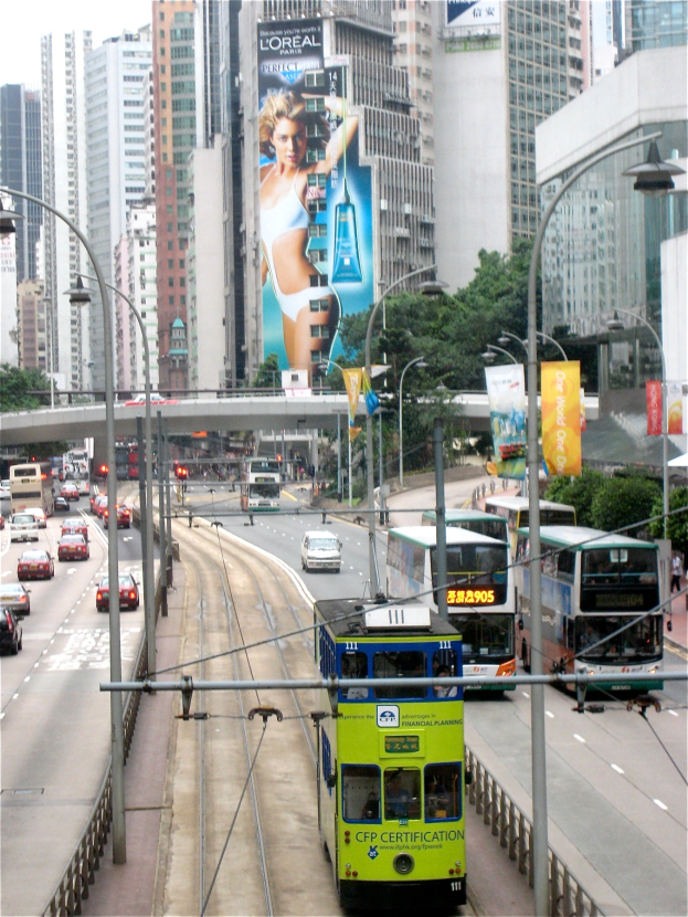 Eine belebte Stadtstraße mit verschiedenen Fahrzeugen, darunter Doppeldeckerbusse, Autos und andere Fahrzeuge, umgeben von Pfählen, Laternen, Tafeln, Bannern, Bäumen, einer Brücke, hohen Gebäuden und einem klaren blauen Himmel, mit Text am unteren Bildrand.