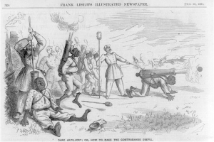 Eine Schwarz-Weiß-Zeichnung von Männern in einem Feld, einige halten Gewehre und andere liegen am Boden, mit dem Text "Dunkle Artillerie oder Wie man die Schmuggler nützlich macht" oben und unten.