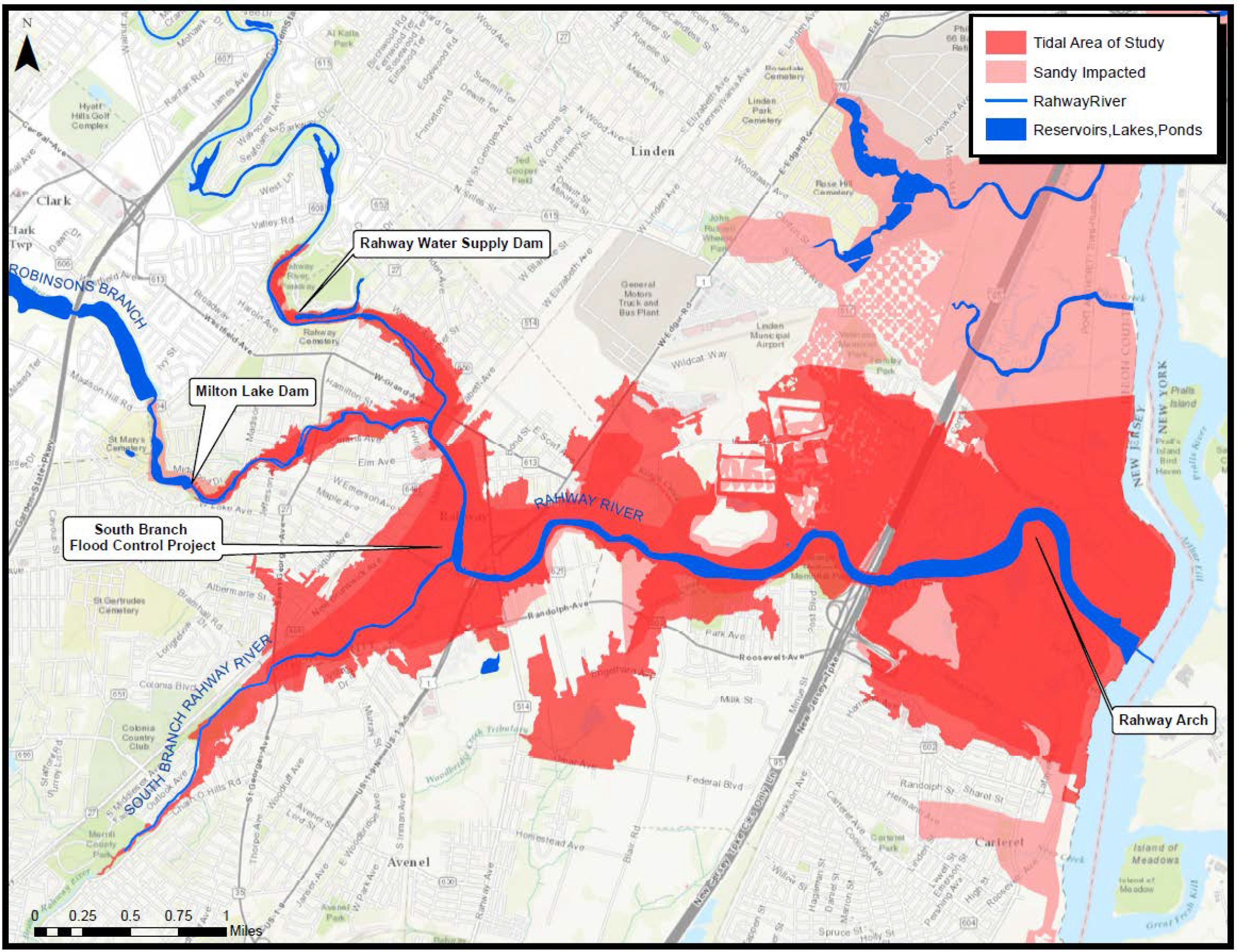 Karte von New York City, die geplante Überschwemmungsgebiete in Rot und Blau zeigt, mit Textdetails zu betroffenen Gewässertypen, Bevölkerung und Projektzeitplan.