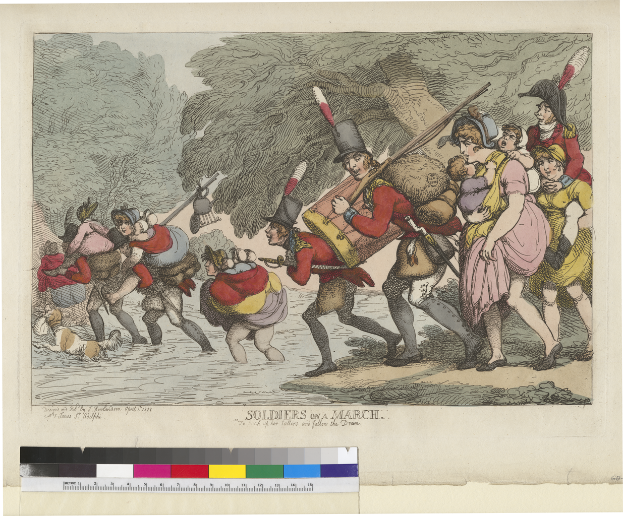 Eine Gruppe von Soldaten marschiert, einige tragen Gegenstände auf dem Rücken, mit Bäumen im Hintergrund und Text am unteren Rand des Bildes.