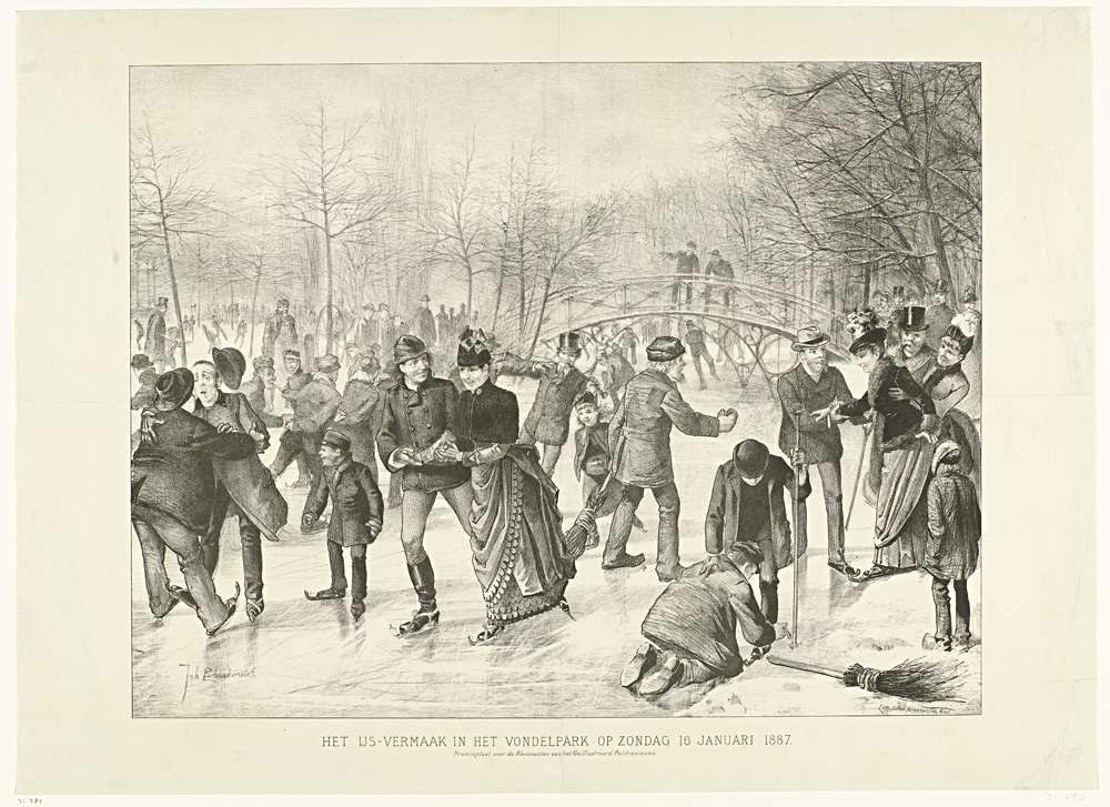 Menschen beim Eislaufen auf einer Eisbahn in einem Park mit Bäumen und einer Brücke im Hintergrund, mit Text unten, der "Het us-vermaak in het vondelpark op zondag 10 januari 1887" lautet.