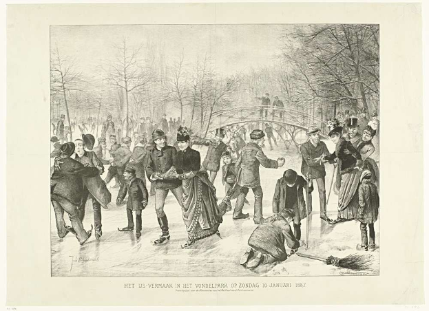 Menschen beim Eislaufen auf einer Eisbahn in einem Park mit Bäumen und einer Brücke im Hintergrund, mit Text unten, der "Het us-vermaak in het vondelpark op zondag 10 januari 1887" lautet.