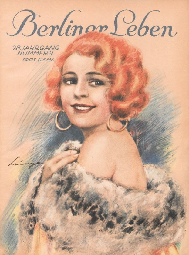 Frau mit roter Haarpracht im 1950er-Look, die einen Nerzmantel trägt, auf dem Cover einer Berliner Leben-Zeitschrift mit fetter schwarzer Schrift, die "Berliner Lebens" lautet.