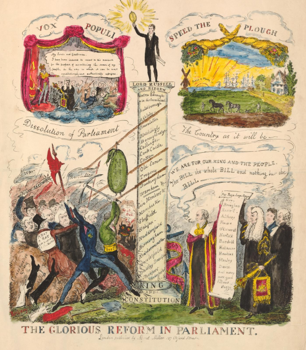 Eine bunte Papierillustration mit der Überschrift "Die glorreiche Reform im Parlament", die mutige Schrift und diverse fröhliche Menschen zeigt, symbolisiert Hoffnung und Fortschritt.