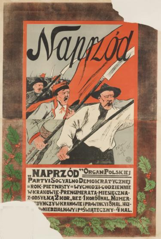 Ein polnisches Propagandaplakat für die polnische Revolution, das einen Mann mit einem menschlichen Gesicht in der Mitte zeigt und Textinformationen zum Ereignis enthält.