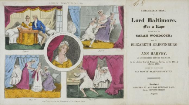 Ein historisches Dokument, das einen Prozess gegen Lord Baltimore wegen angeblicher Vergewaltigung zeigt, mit Illustrationen von Menschen, Vorhängen und geschriebenem Text.