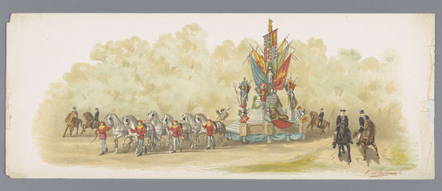 Gemälde einer Karnevalsumzugsszene mit Menschen in bunten Kostümen auf Pferden neben einem dekorierten Wagen mit Fahnen vor einem Baum- und blauen Himmel.