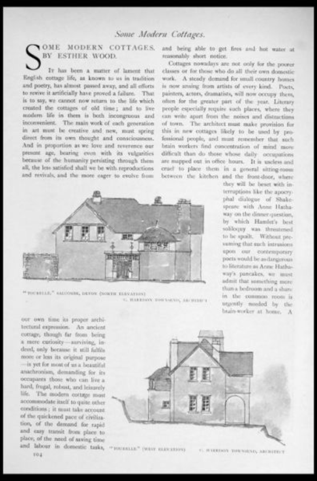 Ein Blatt mit schwarzem Hintergrund, das eine Zeichnung von modernen Häusern von Esther Wood und begleitenden Text enthält, der die Häuser beschreibt.