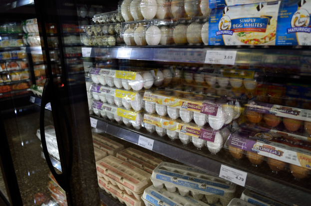 Ein Supermarktkühlschrank voller verschiedener Eier, die in Regalen angeordnet sind, jeweils mit angebrachten Preisschildern, vor einem leicht unscharfen Hintergrund.