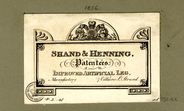 Papierdokument mit der Überschrift "Shand & Henning Patentes, Verbesserte Kunstliche Gliedmaß" mit einem Logo und numerischen Markierungen unten.