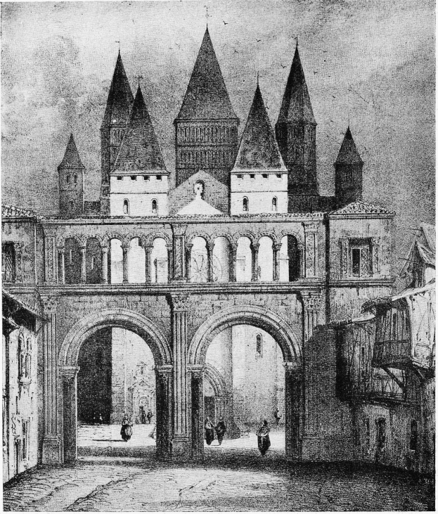 Schwarze und weiße Zeichnung einer Burg mit einem prominenten Uhrenturm im Hintergrund, umgeben von Menschen, mit dem Text "Renaissance-Bogen" unten.