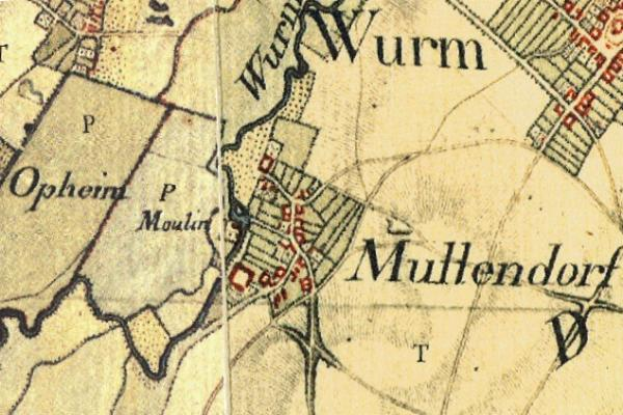 Ein detaillierter alter Stadtplan von Wurm, der Straßen, Gebäude und Sehenswürdigkeiten mit Text zeigt, der den Standort der Stadt angibt.